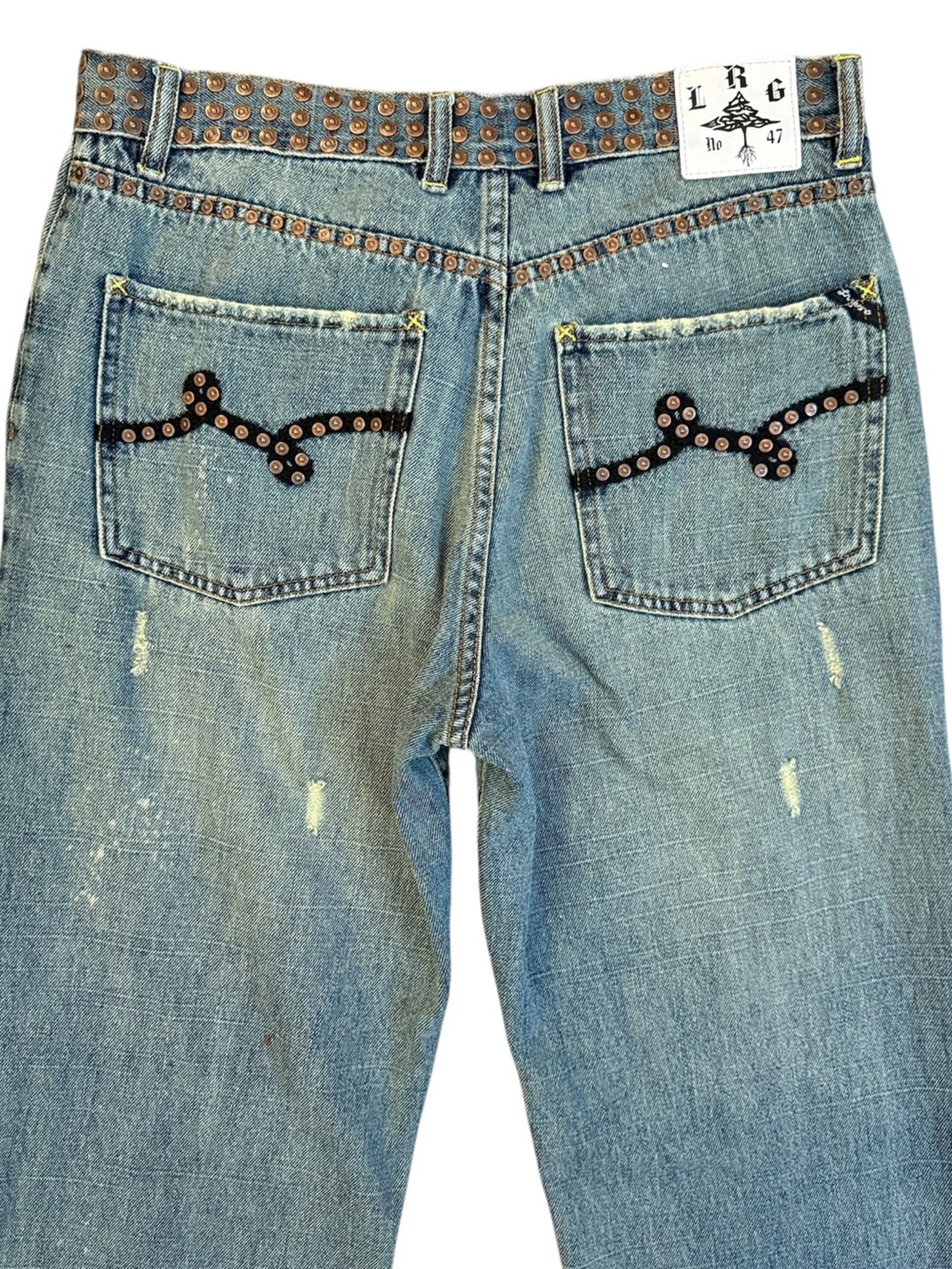 VTG Y2K LRG Metalheadz Baggy Cyber Studded Button Fly Jeans 32x31 Paint Splatter